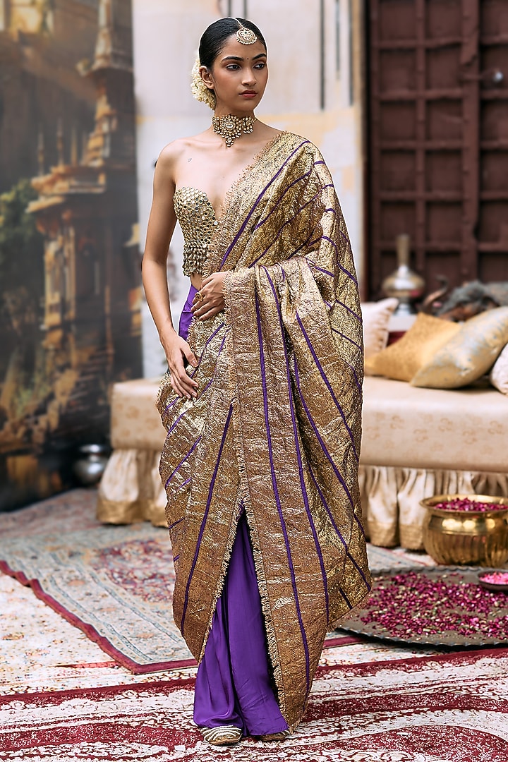 Purple Crepe & Gota Pre-Draped Reception Saree Set by ITRH at Pernia's Pop Up Shop