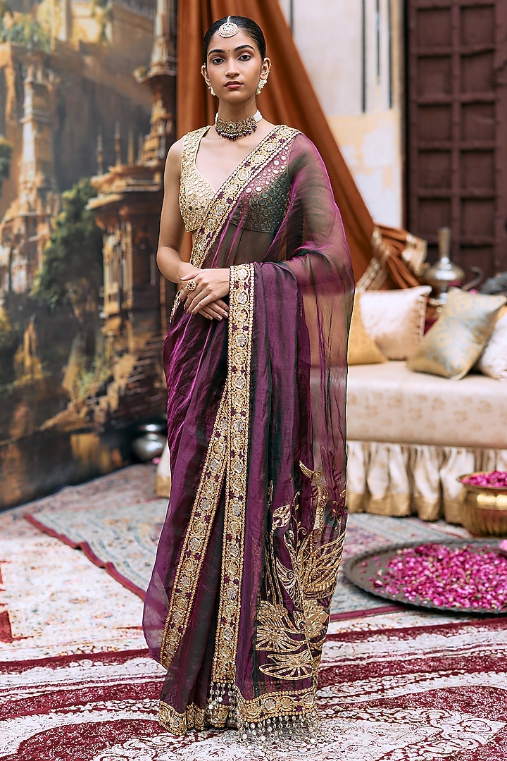 Purple Gota & Butter Chanderi Hand Embroidered Bridal Saree Set by ITRH at Pernia's Pop Up Shop