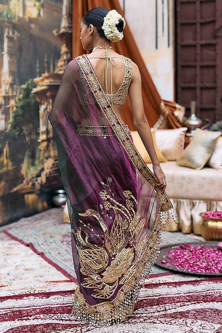 Purple Gota & Butter Chanderi Hand Embroidered Bridal Saree Set by ITRH at Pernia's Pop Up Shop