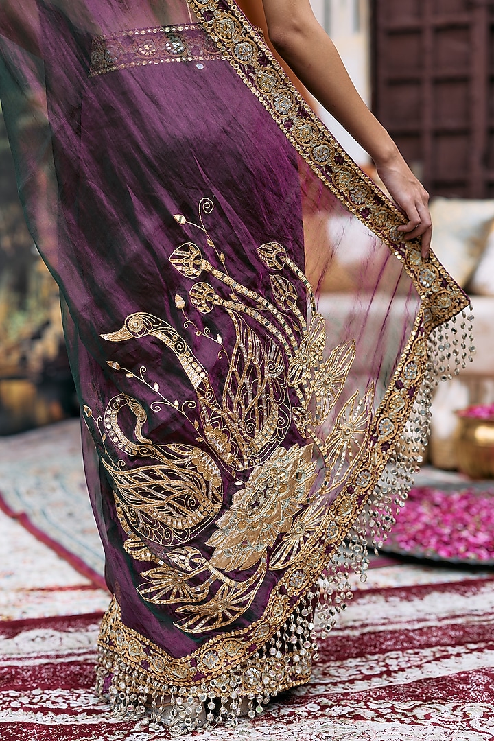 Purple Gota & Butter Chanderi Hand Embroidered Bridal Saree Set by ITRH at Pernia's Pop Up Shop