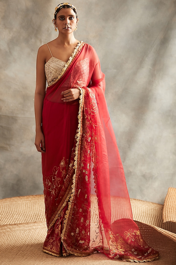 Red & Gold Embroidered Saree Set by ITRH