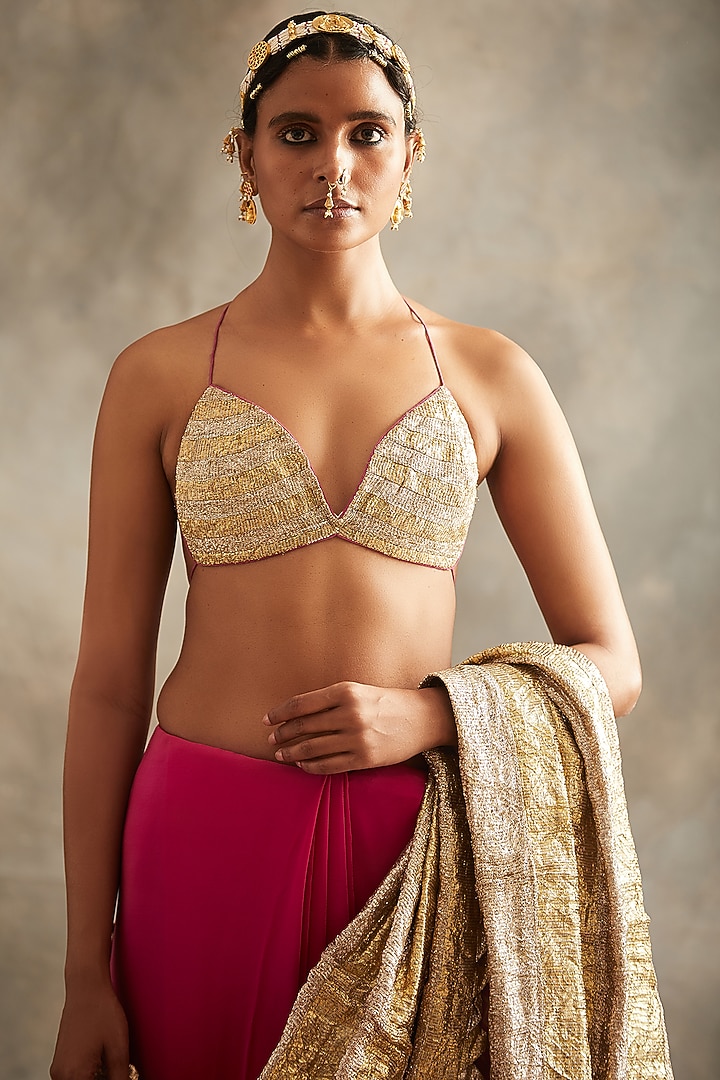 Pink & Gold Embroidered Reception Saree Set by ITRH at Pernia's Pop Up Shop