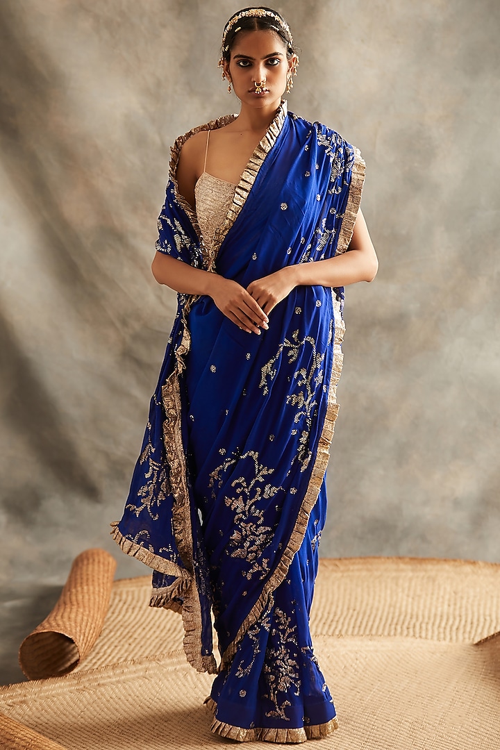 Navy Blue & Gold Embroidered Saree Set by ITRH 