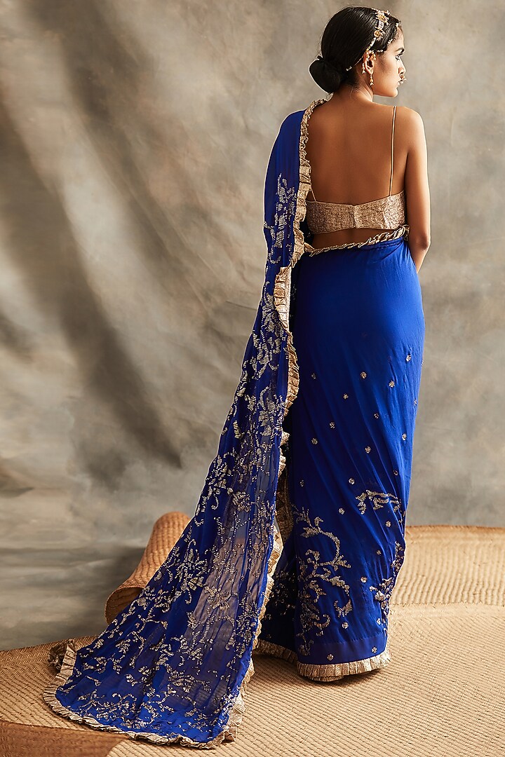 Navy Blue & Gold Embroidered Wedding Saree Set by ITRH at Pernia's Pop Up Shop