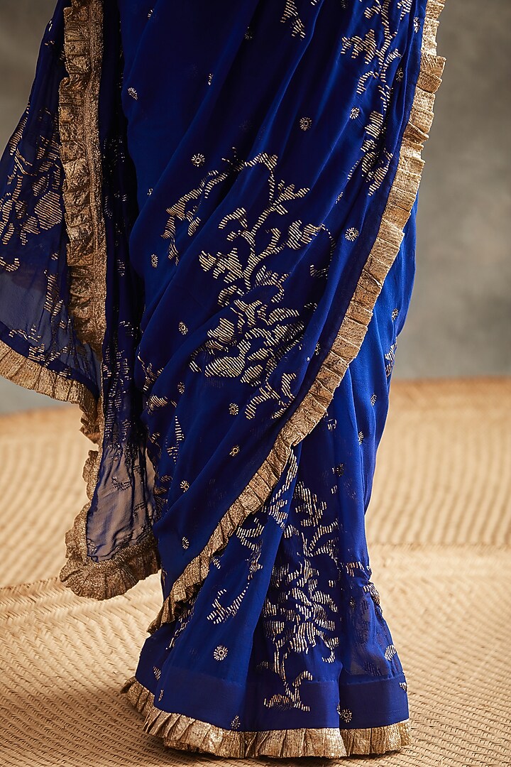 Navy Blue & Gold Embroidered Wedding Saree Set by ITRH at Pernia's Pop Up Shop