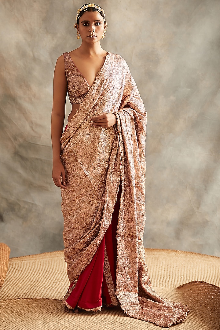 Red & Gold Striped & Embroidered Saree Set by ITRH 