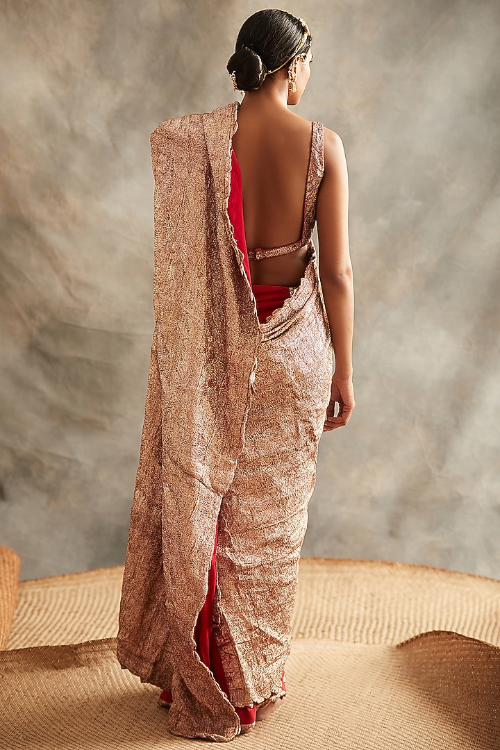 Red & Gold Striped & Embroidered Wedding Saree Set by ITRH at Pernia's Pop Up Shop