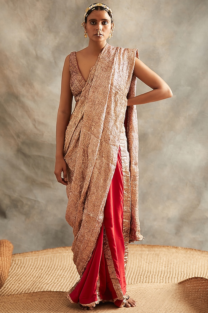 Red & Gold Striped & Embroidered Wedding Saree Set by ITRH at Pernia's Pop Up Shop