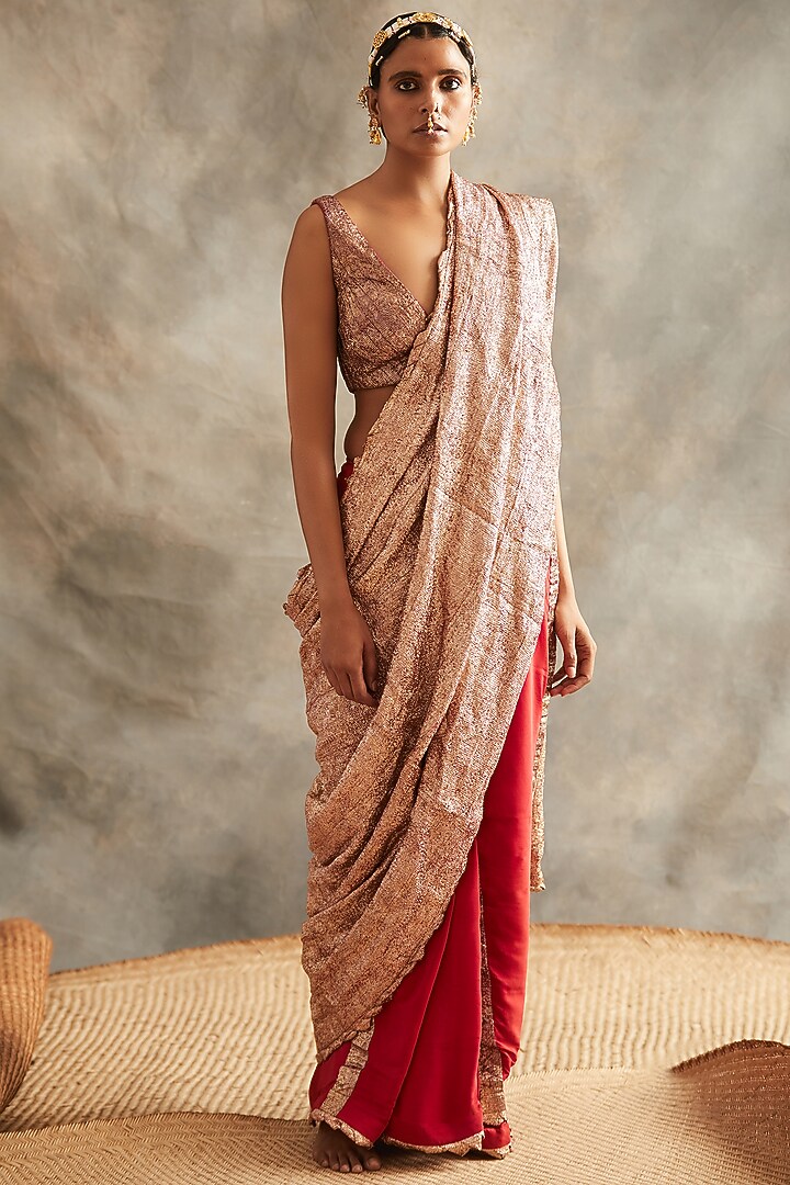 Red & Gold Striped & Embroidered Wedding Saree Set by ITRH at Pernia's Pop Up Shop