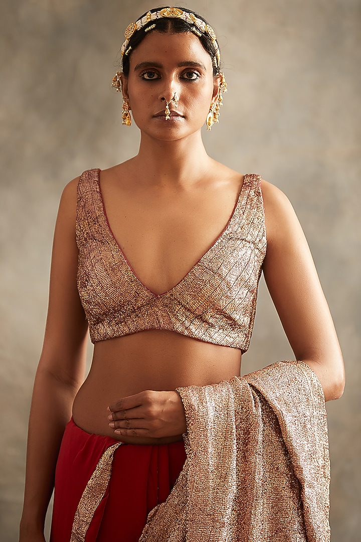 Red & Gold Striped & Embroidered Wedding Saree Set by ITRH at Pernia's Pop Up Shop