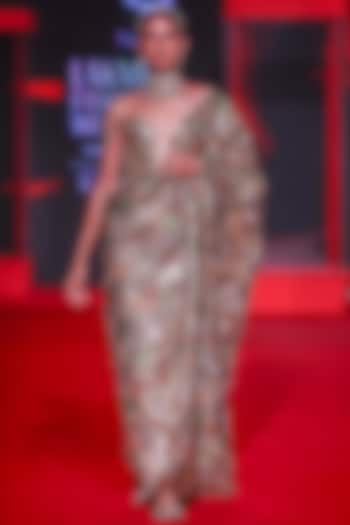 Multi-Colored Brocade & Gota Mirror Embellished Bridal Saree Set by ITRH at Pernia's Pop Up Shop