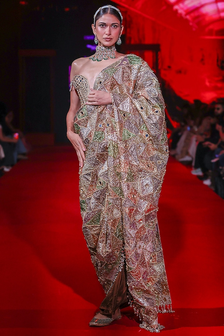 Multi-Colored Brocade & Gota Mirror Embellished Bridal Saree Set by ITRH at Pernia's Pop Up Shop
