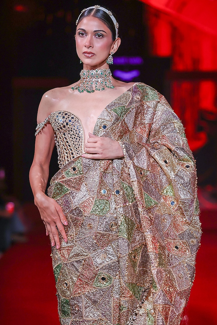 Multi-Colored Brocade & Gota Mirror Embellished Bridal Saree Set by ITRH at Pernia's Pop Up Shop