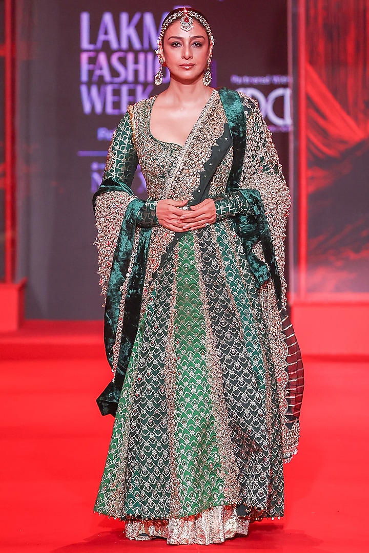 Green Brocade Mirror Embellished Bridal Anarkali Set by ITRH at Pernia's Pop Up Shop