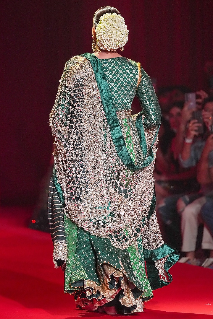 Green Brocade Mirror Embellished Bridal Anarkali Set by ITRH at Pernia's Pop Up Shop
