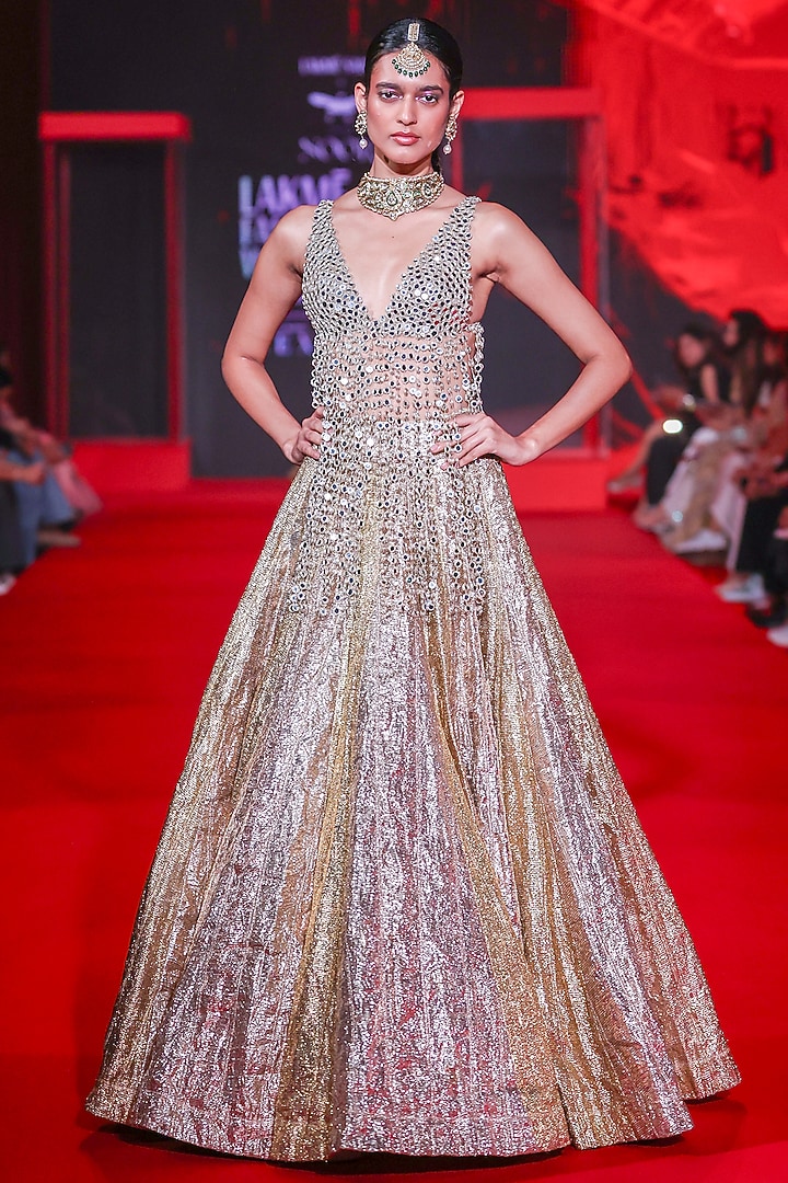 Silver & Gold Lampi Color-Blocked A-Line Bridal Lehenga Set by ITRH at Pernia's Pop Up Shop