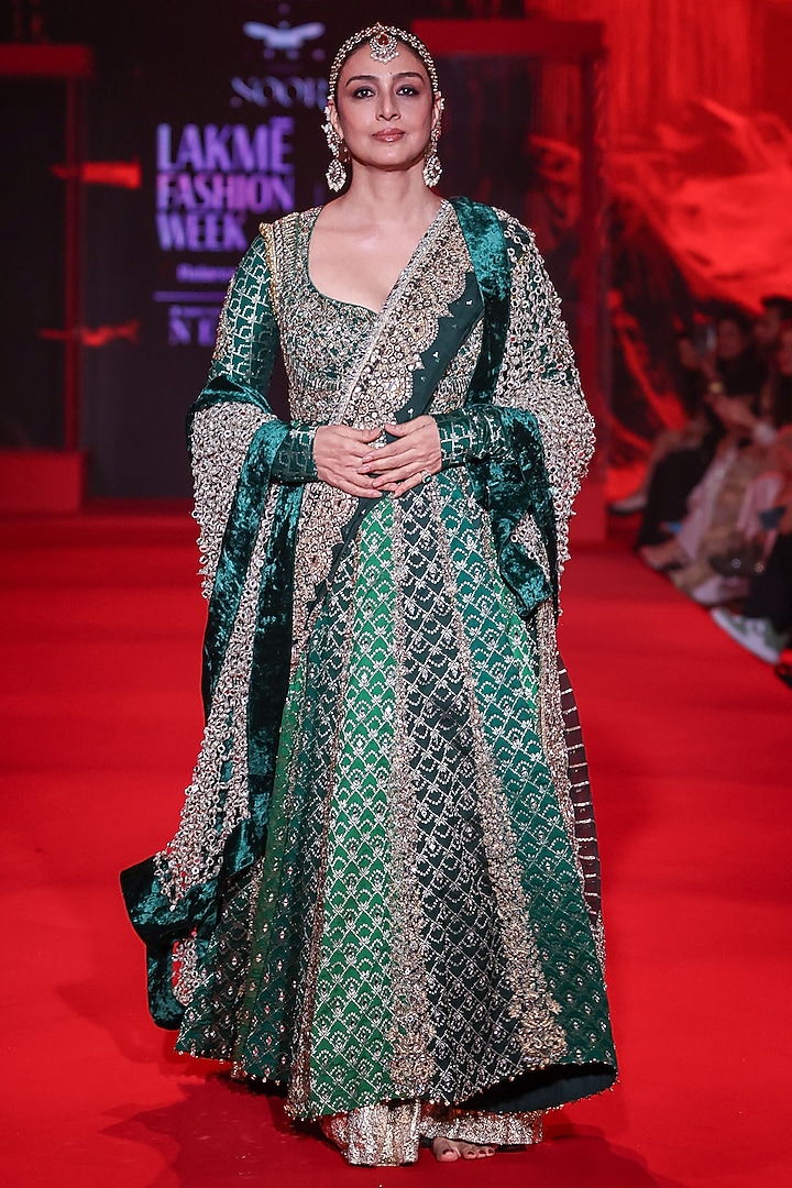 Green Brocade Mirror Embellished Bridal Anarkali Set by ITRH at Pernia's Pop Up Shop