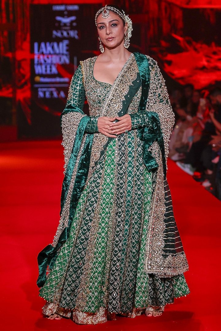 Green Brocade Mirror Embellished Bridal Anarkali Set by ITRH at Pernia's Pop Up Shop