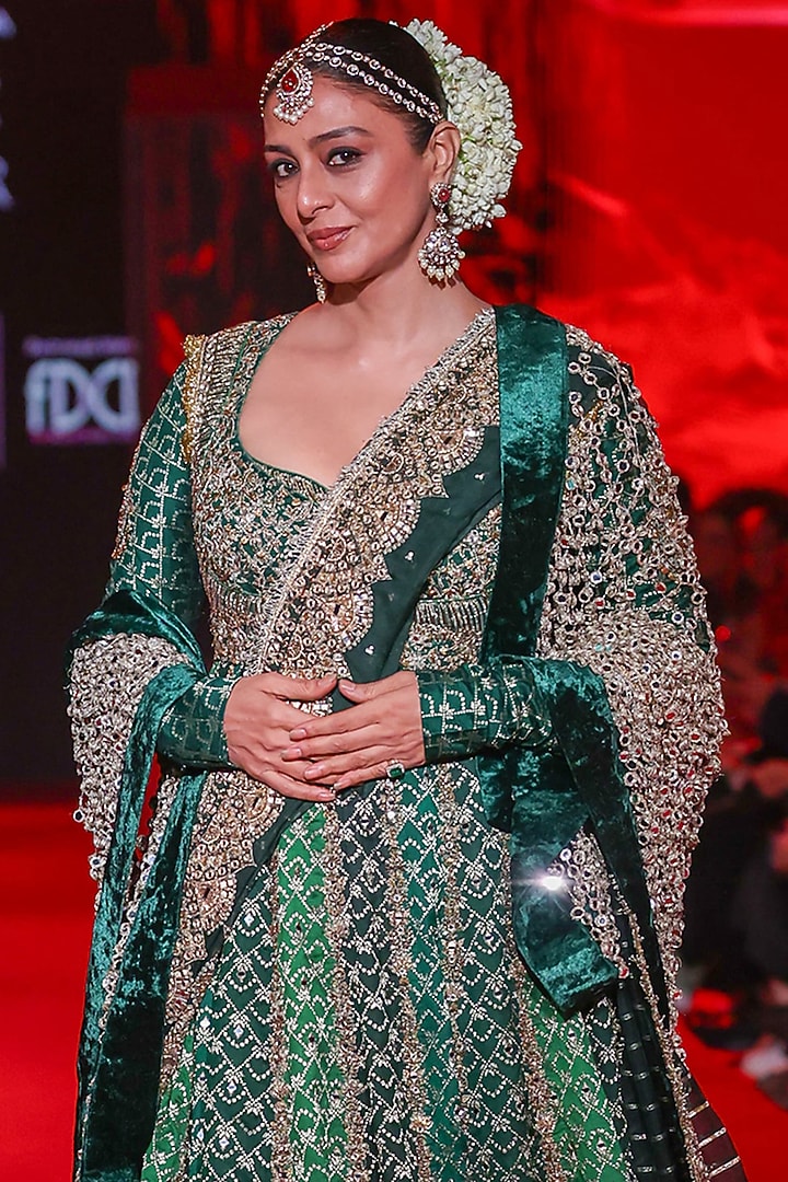 Green Brocade Mirror Embellished Bridal Anarkali Set by ITRH at Pernia's Pop Up Shop
