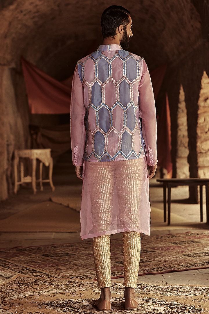 Pink & Blue Embellished Bundi Jacket by ITRH Men at Pernia's Pop Up Shop