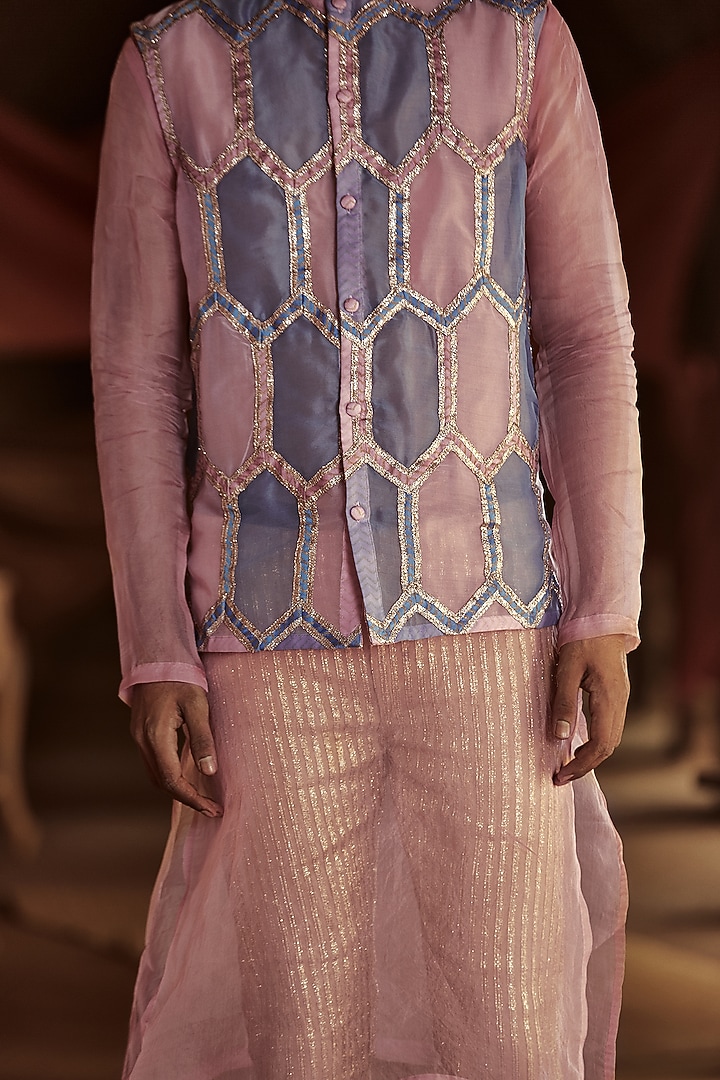 Pink & Blue Embellished Bundi Jacket by ITRH Men at Pernia's Pop Up Shop