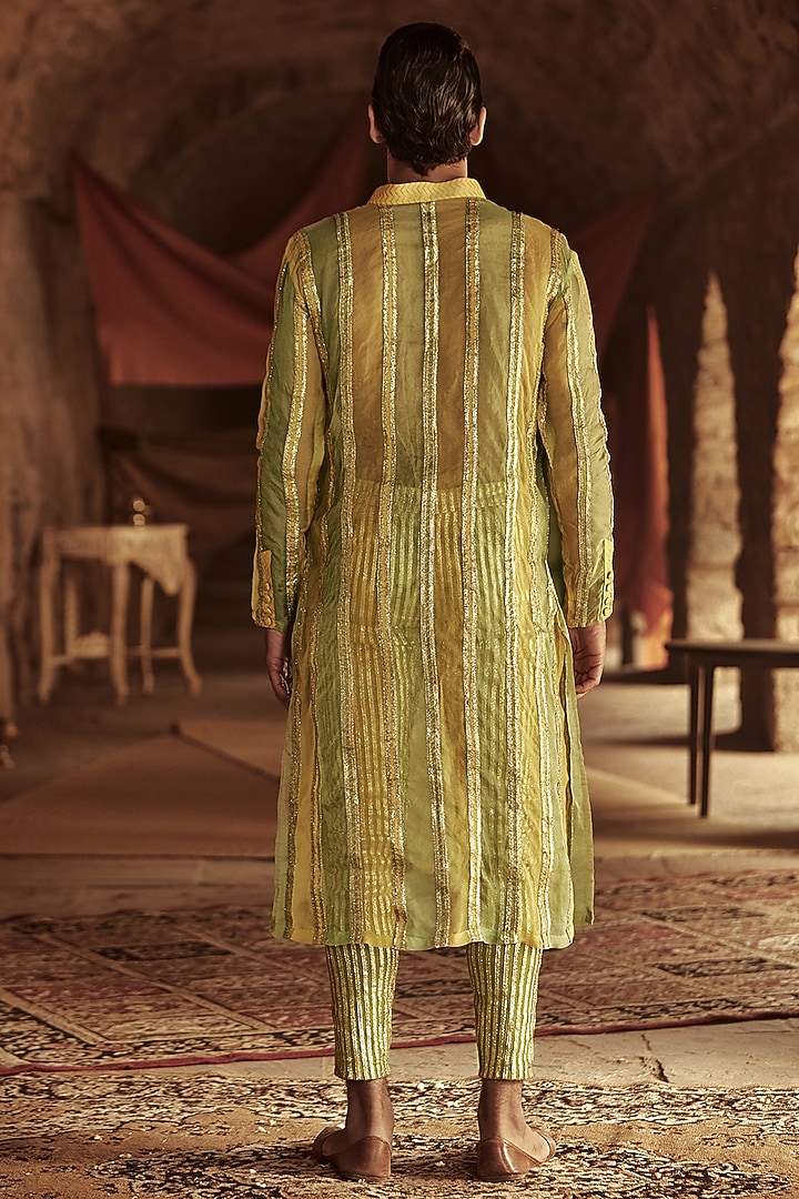 Yellow & Green Organza Metallic Striped Kurta Set by ITRH Men at Pernia's Pop Up Shop