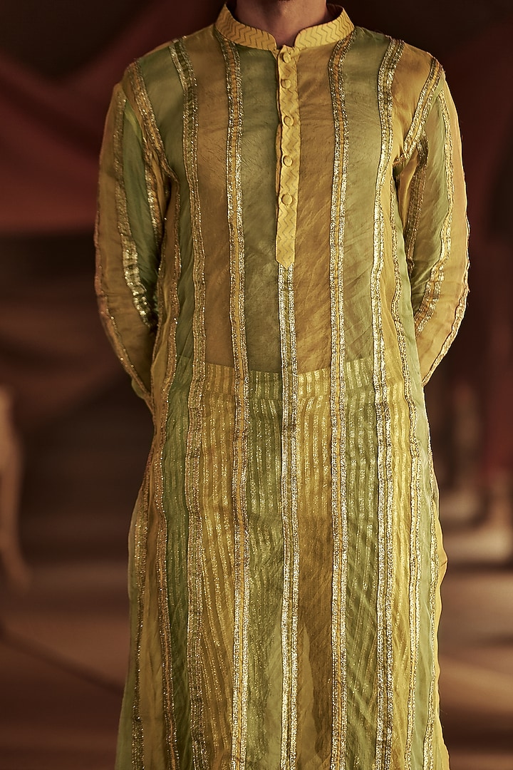 Yellow & Green Organza Metallic Striped Kurta Set by ITRH Men at Pernia's Pop Up Shop