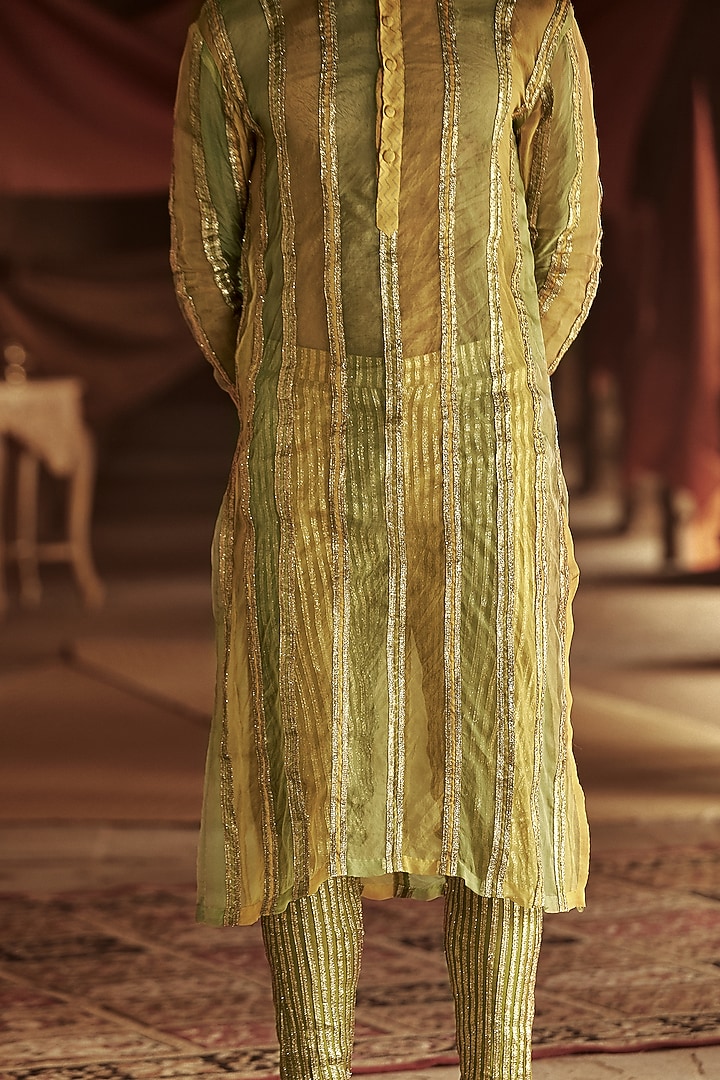 Yellow & Green Organza Metallic Striped Kurta Set by ITRH Men at Pernia's Pop Up Shop