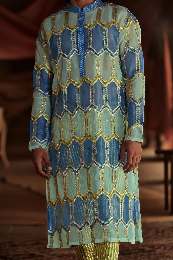 Green & Blue Striped Kurta Set by ITRH Men at Pernia's Pop Up Shop