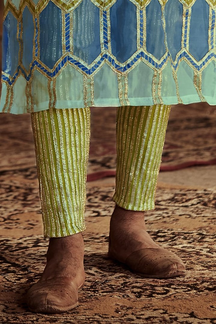 Green & Blue Striped Kurta Set by ITRH Men at Pernia's Pop Up Shop