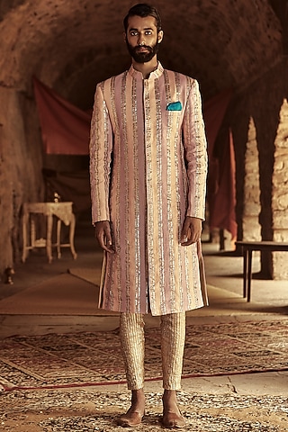 Pink & Peach Color Blocked Sherwani Set by ITRH Men