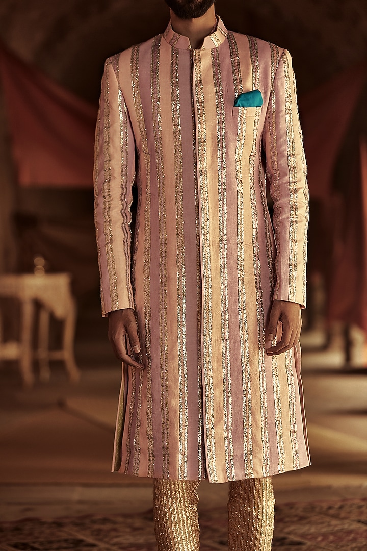 Pink & Peach Color Blocked Wedding Sherwani Set by ITRH Men at Pernia's Pop Up Shop