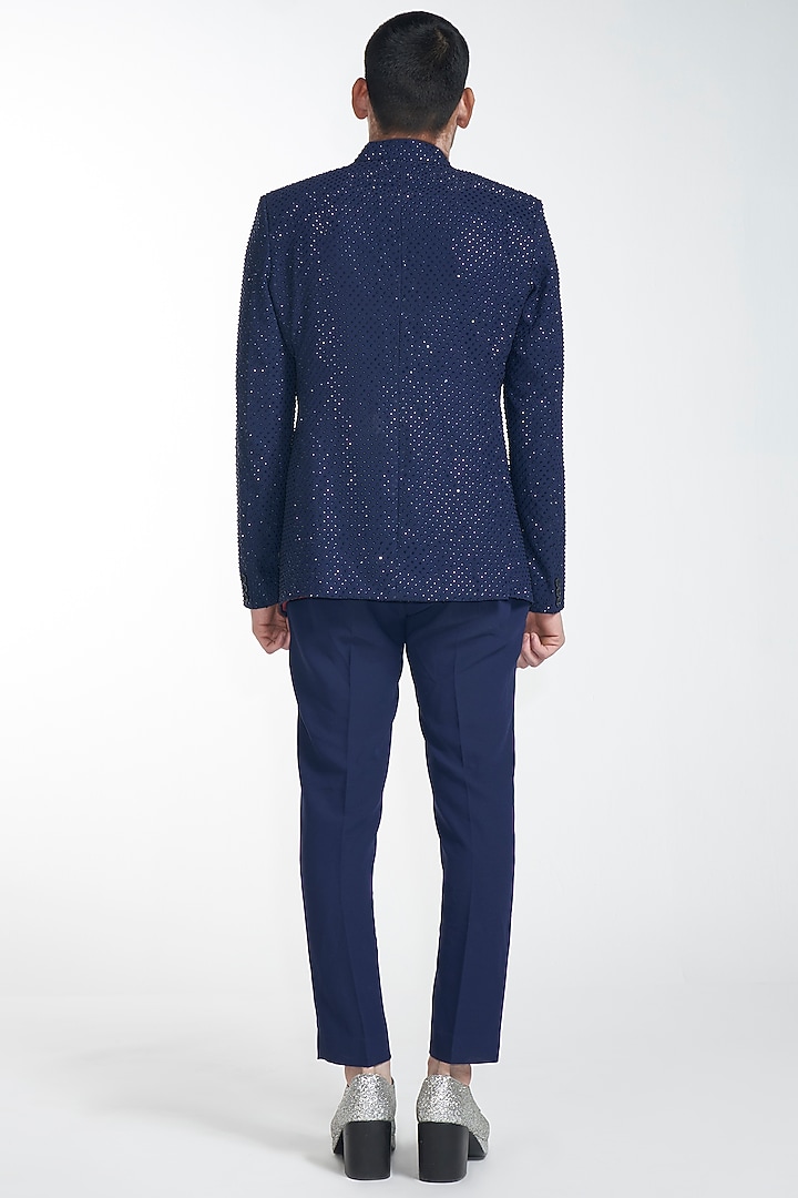Navy Blue Crystal Crepe & Chanderi Groom Bandhgala Set by ITRH Men at Pernia's Pop Up Shop