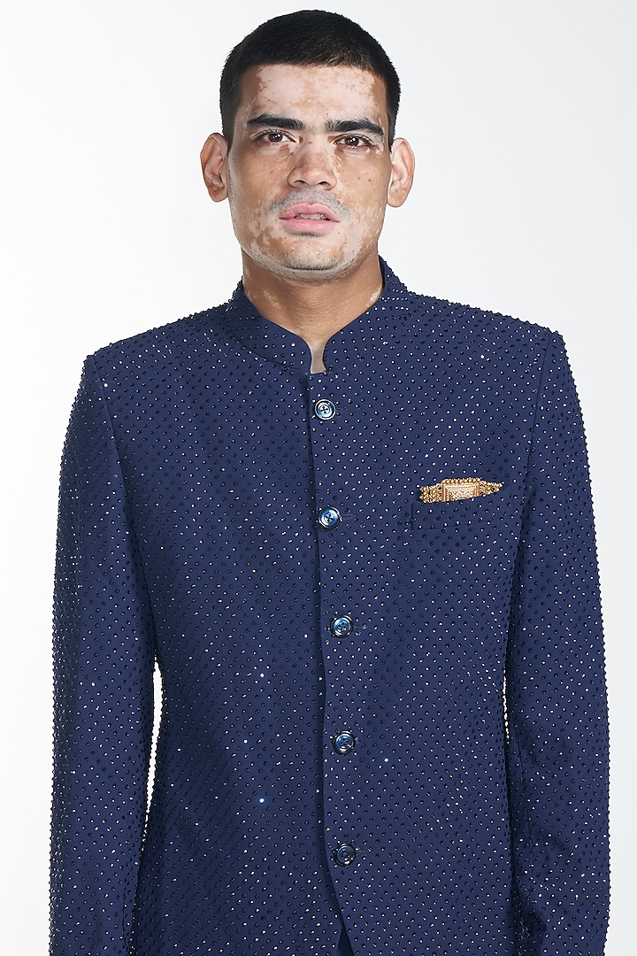 Navy Blue Crystal Crepe & Chanderi Groom Bandhgala Set by ITRH Men at Pernia's Pop Up Shop