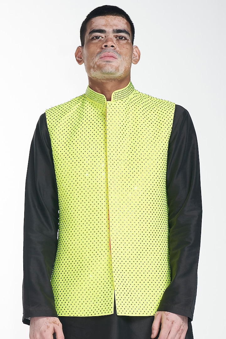 Neon Green Imported Crepe Embroidered Bundi Jacket Set by ITRH Men at Pernia's Pop Up Shop