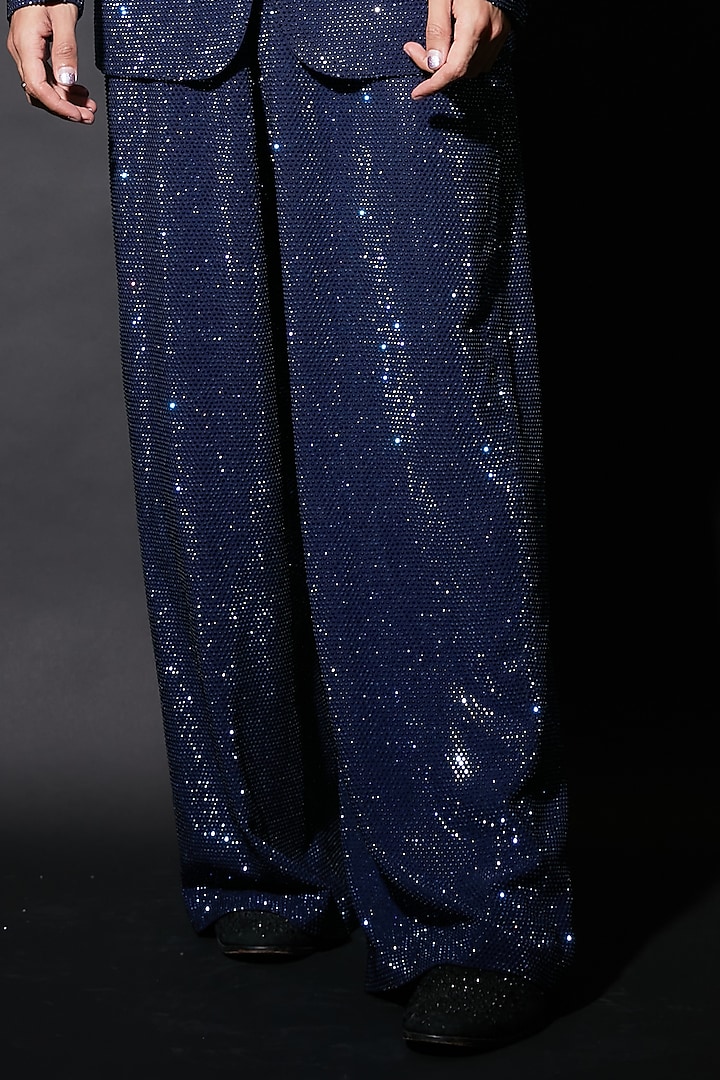 Midnight Blue Italian Crepe Embellished Blazer Set by ITRH Men at Pernia's Pop Up Shop