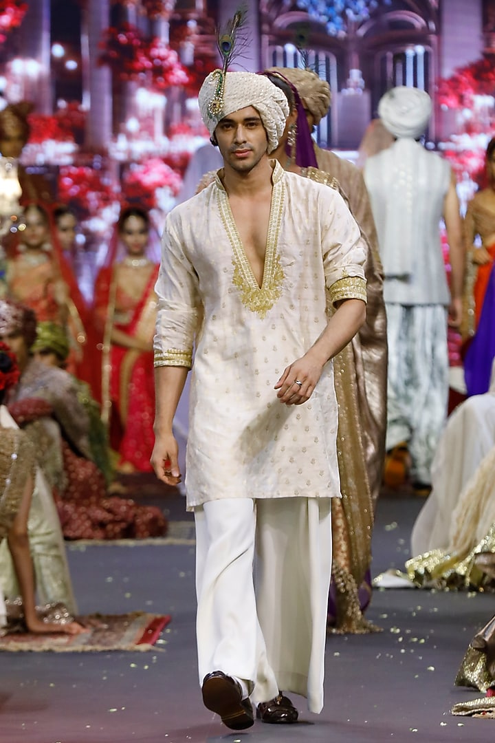 Ivory Brocade Machine Embroidered Kurta Set  by ITRH Men at Pernia's Pop Up Shop