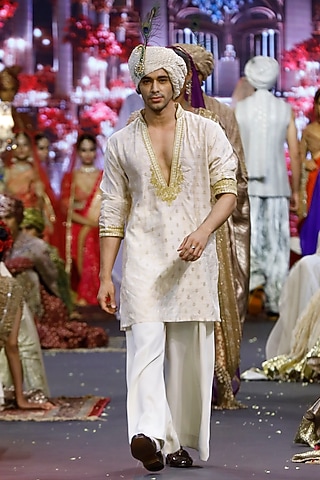Ivory Brocade Machine Embroidered Kurta Set  by ITRH Men