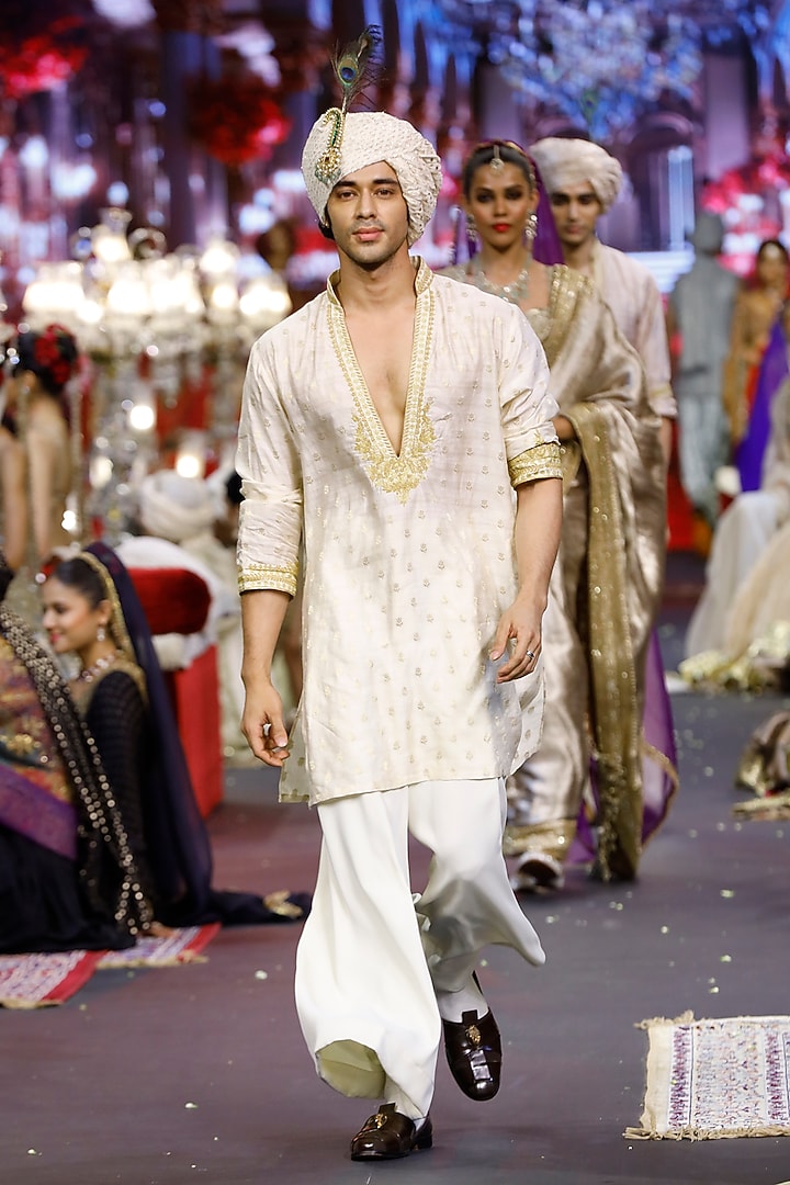 Ivory Brocade Machine Embroidered Kurta Set  by ITRH Men at Pernia's Pop Up Shop