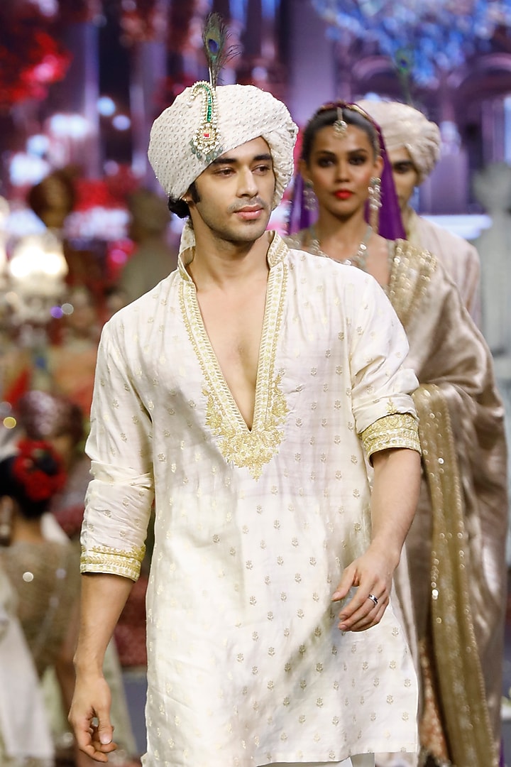 Ivory Brocade Machine Embroidered Kurta Set  by ITRH Men at Pernia's Pop Up Shop