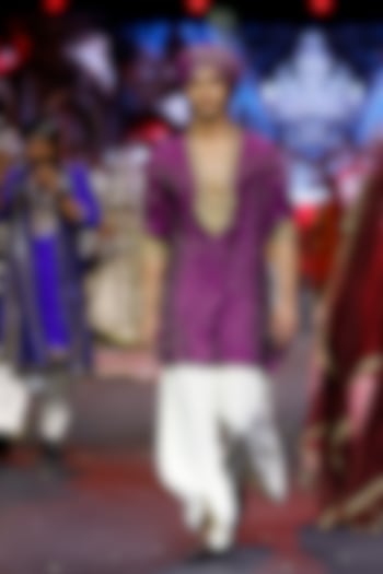 Purple Brocade Silk Machine Embroidered Kurta Set  by ITRH Men at Pernia's Pop Up Shop