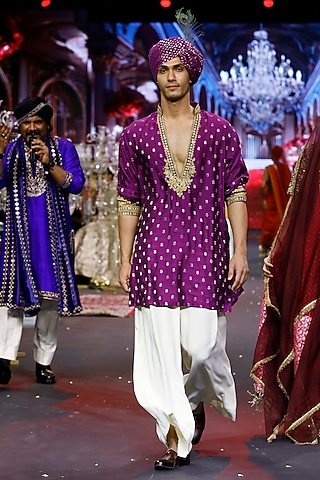 Purple Brocade Silk Machine Embroidered Kurta Set  by ITRH Men