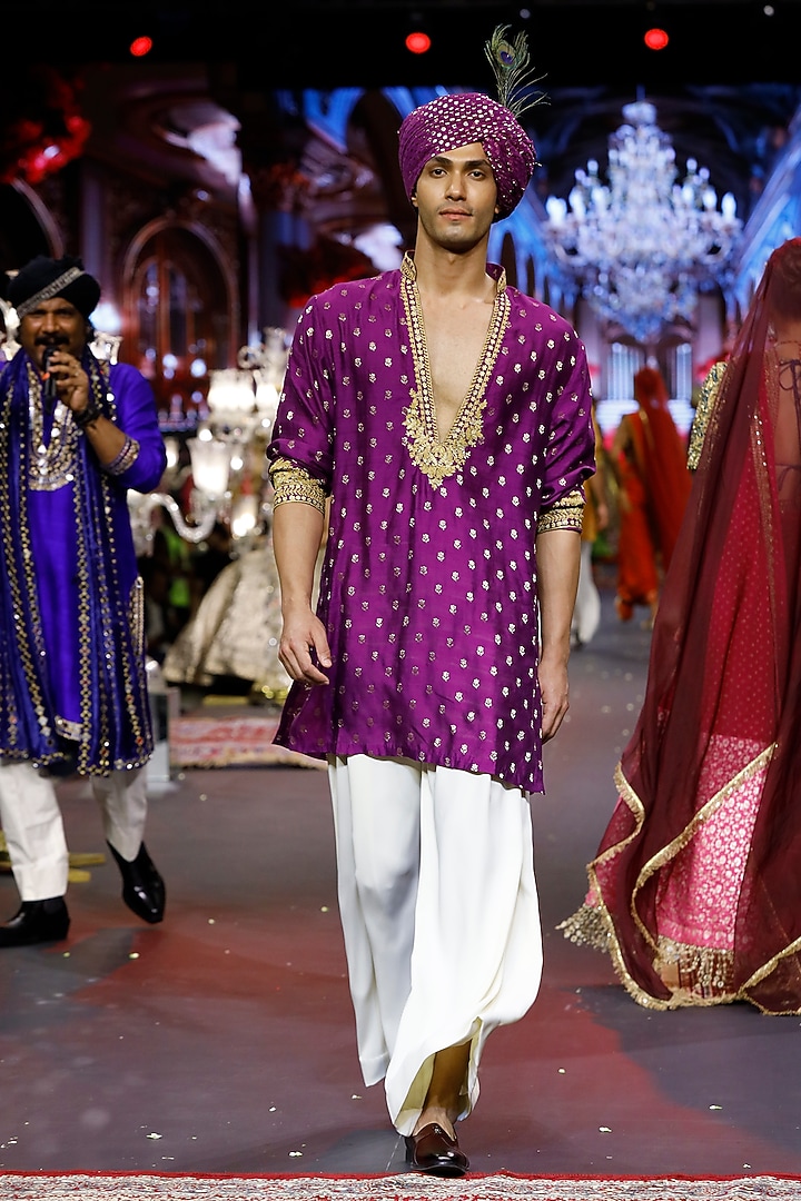 Purple Brocade Silk Machine Embroidered Kurta Set  by ITRH Men at Pernia's Pop Up Shop