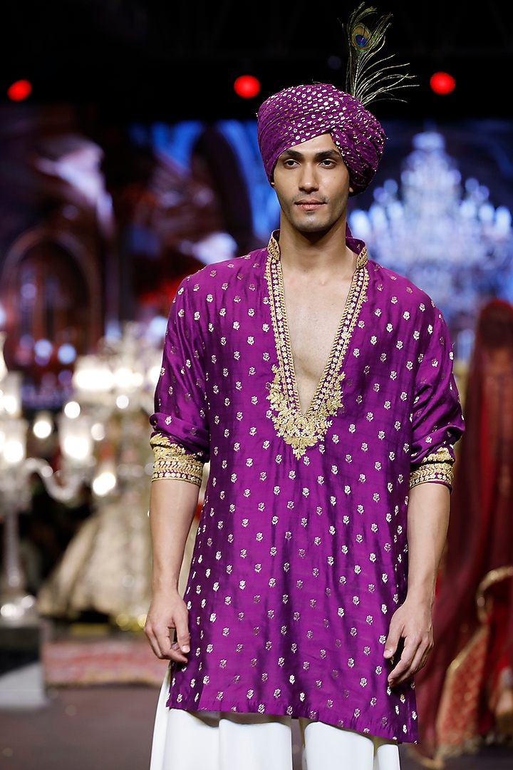 Purple Brocade Silk Machine Embroidered Kurta Set  by ITRH Men at Pernia's Pop Up Shop