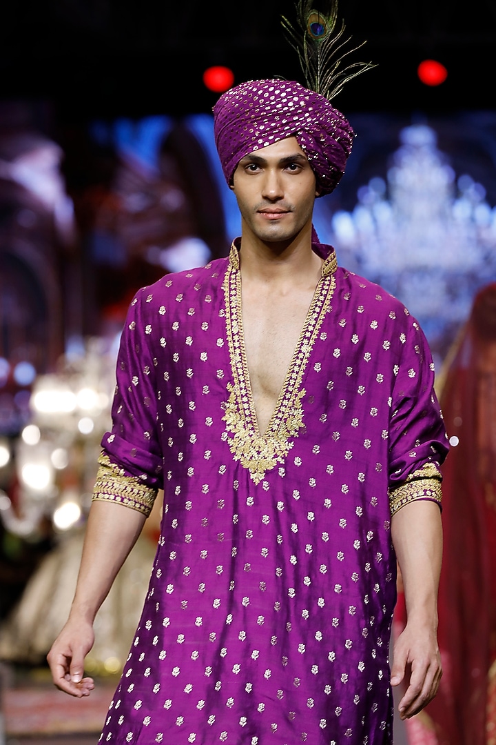 Purple Brocade Silk Machine Embroidered Kurta Set  by ITRH Men at Pernia's Pop Up Shop