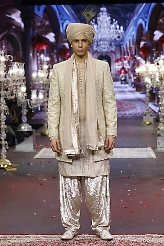 Soft Pink Chikankari Hand & Machine Embroidered Sherwani Set by ITRH Men
