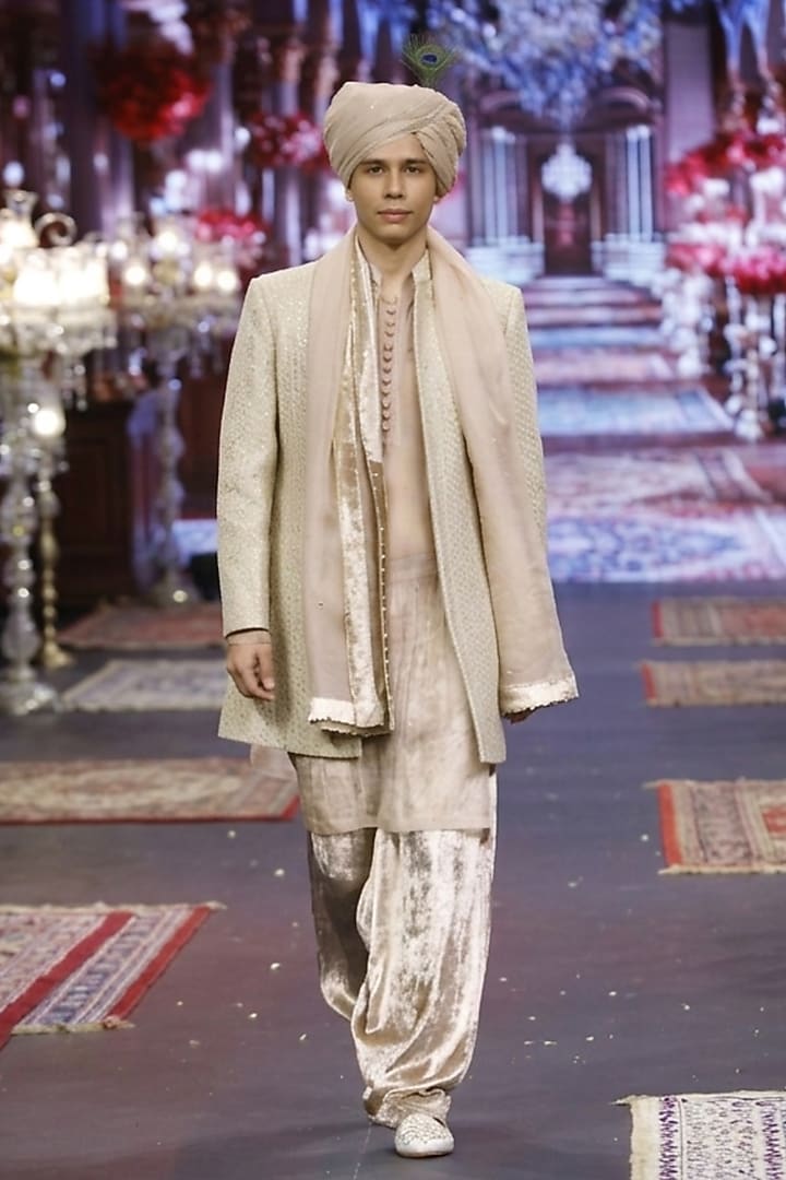 Soft Pink Chikankari Hand & Machine Embroidered Groom Sherwani Set by ITRH Men at Pernia's Pop Up Shop