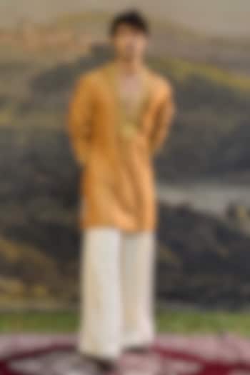 Mustard Brocade Machine Embroidered Kurta Set by ITRH Men at Pernia's Pop Up Shop