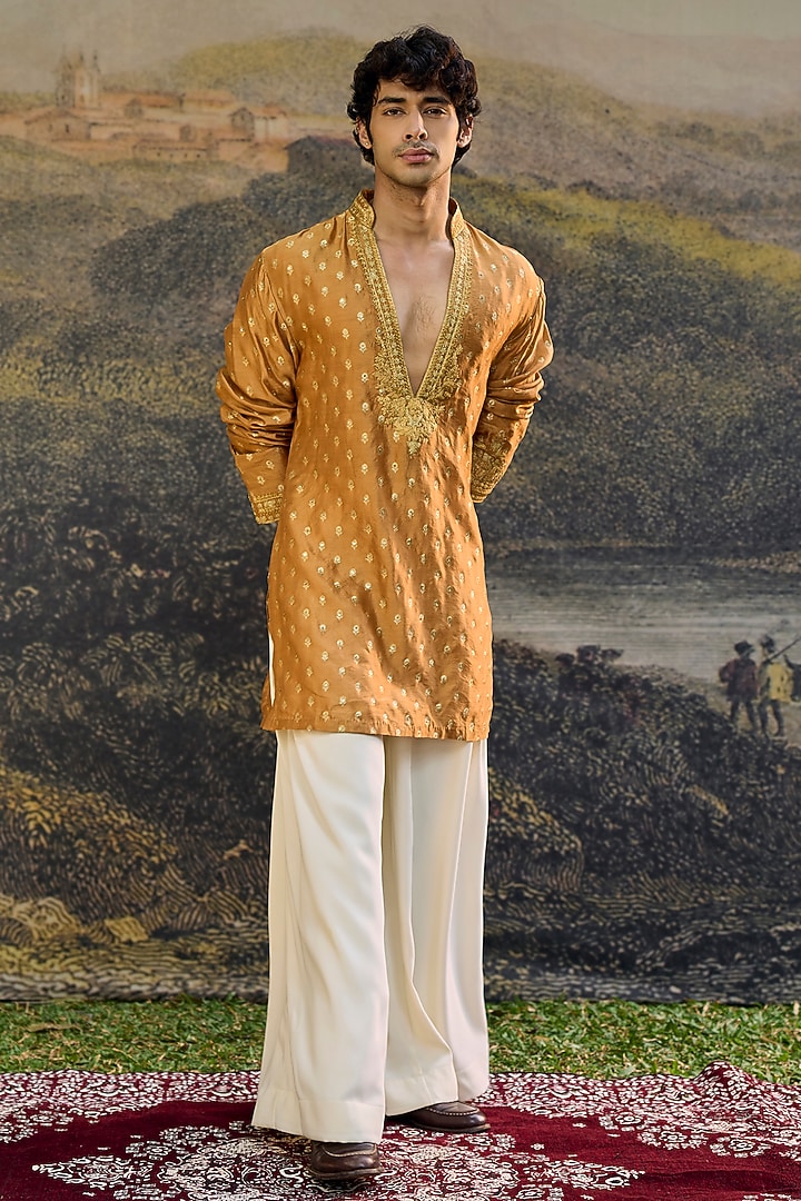 Mustard Brocade Machine Embroidered Kurta Set by ITRH Men at Pernia's Pop Up Shop
