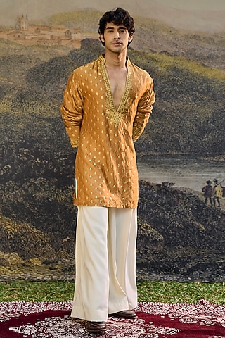 Mustard Brocade Machine Embroidered Kurta Set by ITRH Men